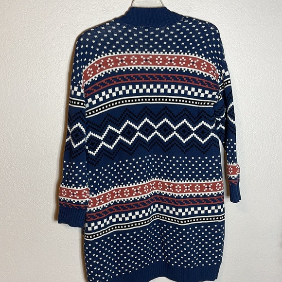 Modcloth Fair Isle Long Line Open Front Cardigan Sweater Blue Boho Western Sm - Picture 11 of 11